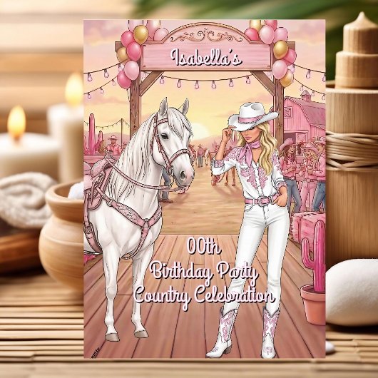 Cowgirl Horse Pink White Ranch Birthday Party 招待状