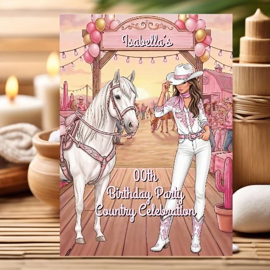 Cowgirl Horse Pink White Ranch Birthday Party BR 招待状