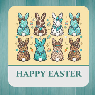 Cowgirl Leopard Print Blue Brown Easter Bunnies   スクエアシール