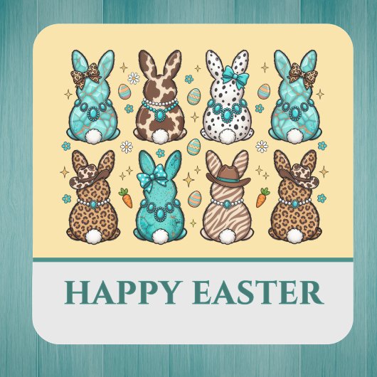 Cowgirl Leopard Print Blue Brown Easter Bunnies   スクエアシール