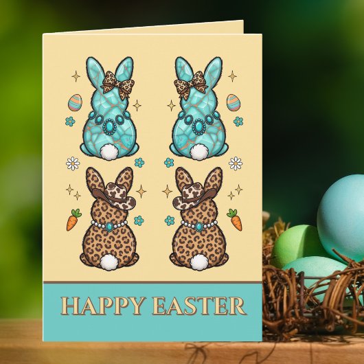 Cowgirl Leopard Print Teal Brown Bunnies  Easter  カード