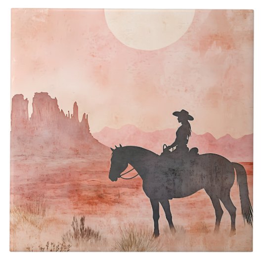 Cowgirl on Horse Southwestern Sunset Scene タイル (正面)