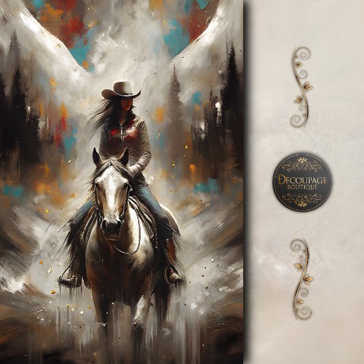 Cowgirl on White Horse Trail Decoupage 薄葉紙