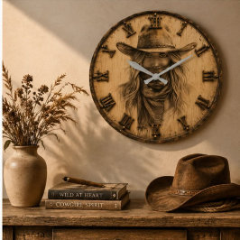 Cowgirl Portrait Rustic Western Cowgirl Ranch ラージ壁時計