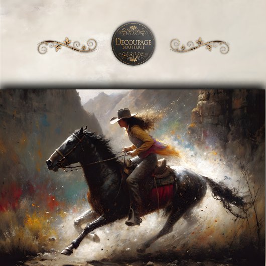 Cowgirl Riding Black Horse Canyon Decoupage  薄葉紙