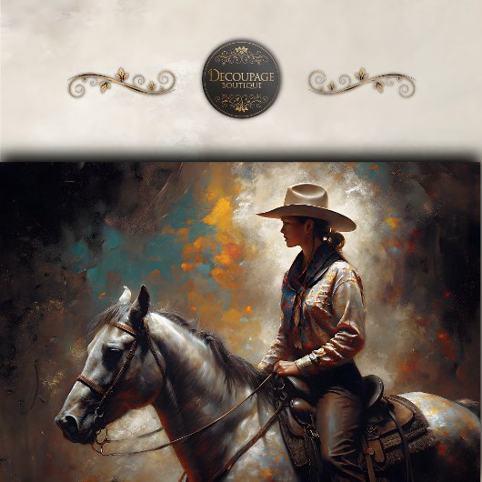 Cowgirl Riding White Horse Sunset Decoupage 薄葉紙