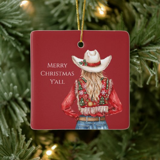 Cowgirl Western Blond Hair Christmas セラミックオーナメント (ツリー)