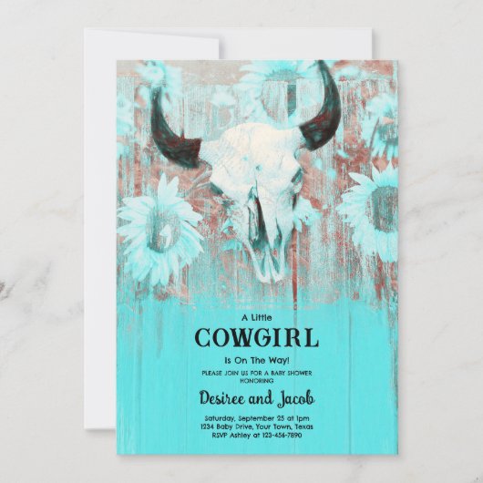 Cowgirl Western Country Floral Teal Baby Shower 招待状 (正面)