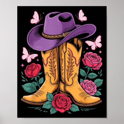 Cowgirl Western Cowboy Hat Boots With Roses Countr ポスター (正面)