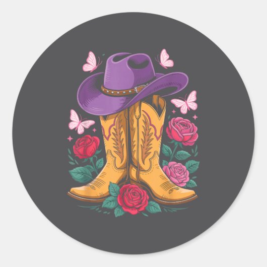 Cowgirl Western Cowboy Hat Boots With Roses Countr ラウンドシール (正面)