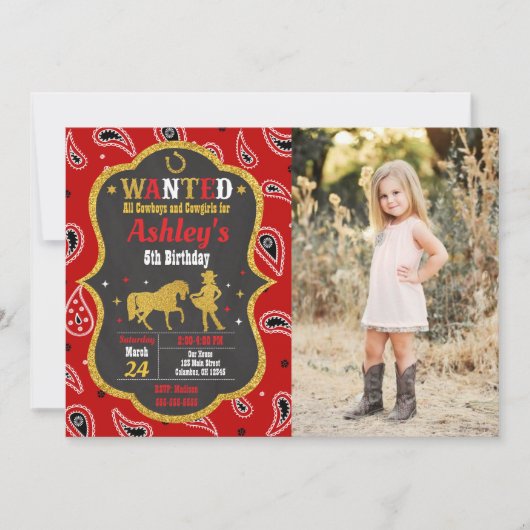 Cowgirl Western Party Wanted Birthday Photo 招待状 (正面)