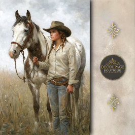 Cowgirl With Spotted Horse In Field Decoupage 薄葉紙