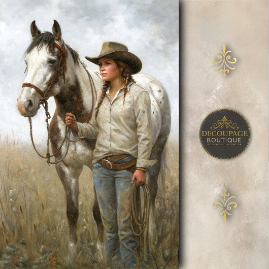 Cowgirl With Spotted Horse In Field Decoupage 薄葉紙