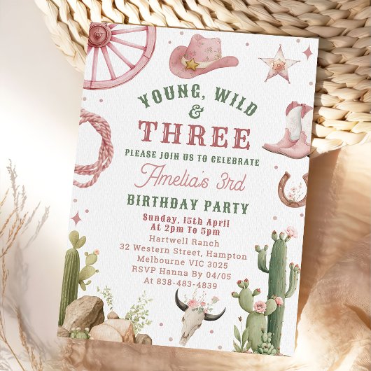Cowgirl Young Wild & Three Birthday Invitation 招待状