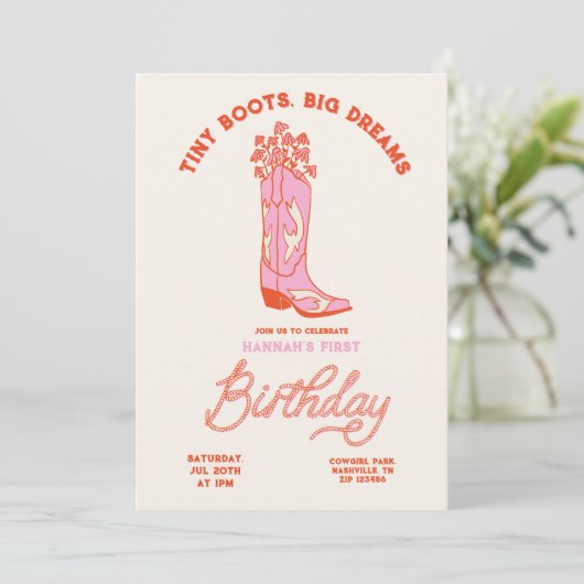 Cowgirls Birthday Invitation Tiny Boots Big Dreams 招待状 (スタンド正面)