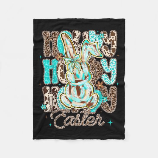 Cowhide Leopard Blue Turquoise Howdy Easter Rabbit フリースブランケット (正面)