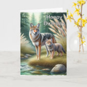 Coyote and Pup Happy Birthday Wildlife  カード (黄色い花)