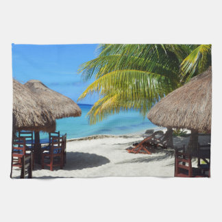 Cozumelメキシコのビーチ小屋のヤシの木のティール(緑がかった色)水Vaca キッチンタオル