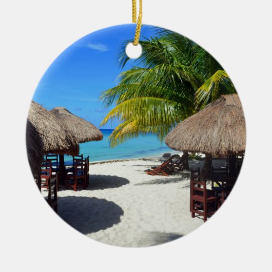 Cozumelメキシコのビーチ小屋のヤシの木のティール(緑がかった色)水Vaca セラミックオーナメント (正面)