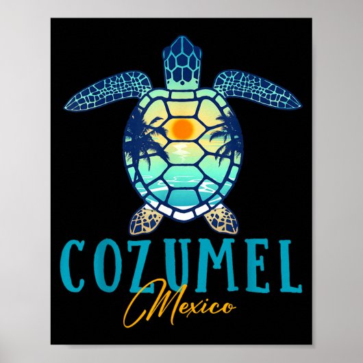 Cozumel Mexico Sea Turtle Palm Tree Sunset Beach V ポスター (正面)