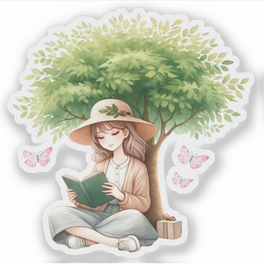 Cozy'読s Under a Tree Girl Book Lover Bookish シール (正面)