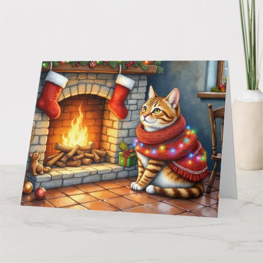 Cozy Abyssinian Cat by Fireplace Christmas Lights カード (正面)