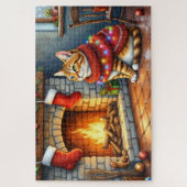 Cozy Abyssinian Cat by Fireplace Christmas Lights ジグソーパズル (縦)