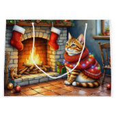 Cozy Abyssinian Cat by Fireplace Christmas Lights ラージペーパーバッグ (正面)