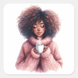 Cozy Afro Girl – Watercolor Winter sticker スクエアシール