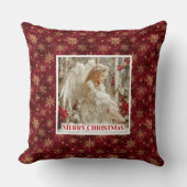 Cozy Angel Poinsettia Red Gold Custom Name Christm クッション (正面)