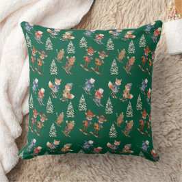 Cozy Animals Skiing Throw Pillow クッション
