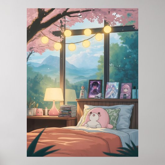 Cozy Anime Bedroom Kawaii Cherry Blossom Anime ポスター (正面)