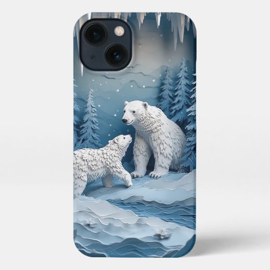Cozy Arctic Paper Scene ✨ Polar Bears Snowy Winter iPhoneケース (裏面)