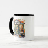 Cozy Autumn Book Café Mug — Open Book & Lantern  マグカップ (正面左)