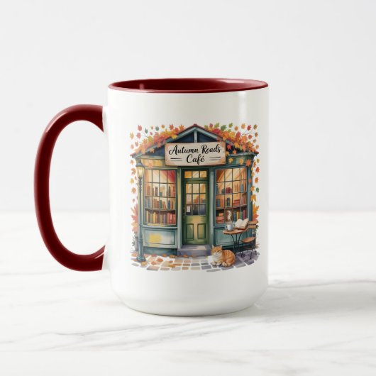 Cozy Autumn Book Café Mug — Open Book & Lantern  マグカップ (左)