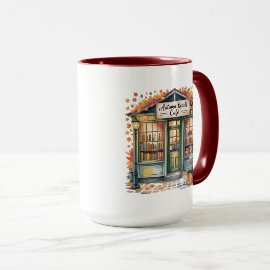 Cozy Autumn Book Café Mug — Open Book & Lantern マグカップ (正面右)