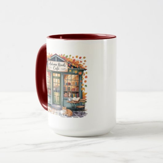 Cozy Autumn Book Café Mug — Open Book & Lantern  マグカップ (正面左)
