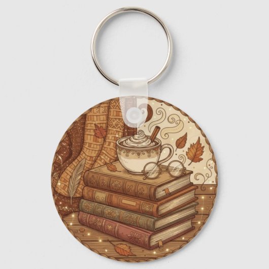 Cozy Autumn Books and Coffee Illustration キーホルダー (正面)