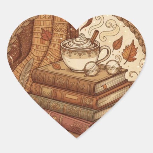 Cozy Autumn Books and Coffee Illustration ハートシール (正面)