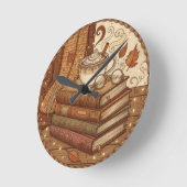 Cozy Autumn Books and Coffee Illustration ラウンド壁時計 (傾斜)