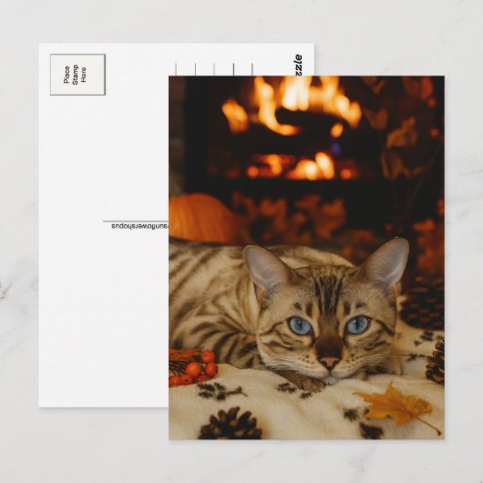 Cozy Autumn Cat Fireplace Warm Fall Postcard ポストカード (正面/裏面)