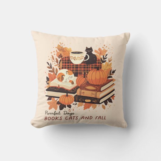 Cozy Autumn Cats & Books Throw Pillow – Fall Decor クッション (正面)