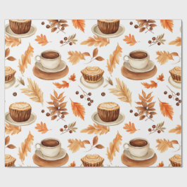 Cozy Autumn Coffee Cups and Leaves in Warm Earthy  ラッピングペーパー