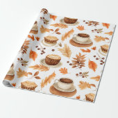 Cozy Autumn Coffee Cups and Leaves in Warm Earthy  ラッピングペーパー (アンロールド)