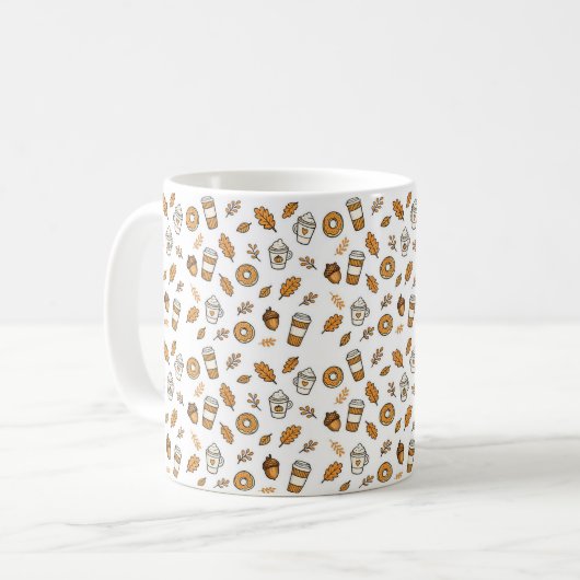 Cozy Autumn Coffee Pattern Mug with Fall Leaves コーヒーマグカップ (正面左)