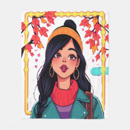 Cozy Autumn Girl Under the Leaves – Art Blanket フリースブランケット