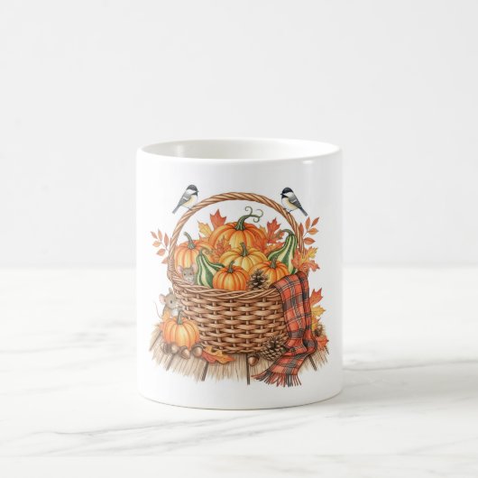 Cozy Autumn Harvest Basket with Mice and Birds コーヒーマグカップ (中央)