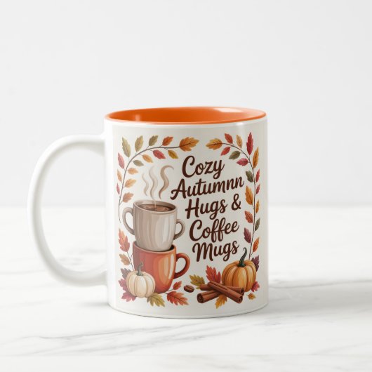Cozy Autumn Hugs and Coffee mugs leaves ツートーンマグカップ (左)