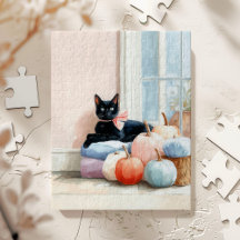 Cozy Autumn Pastel Pumpkins Black Cat