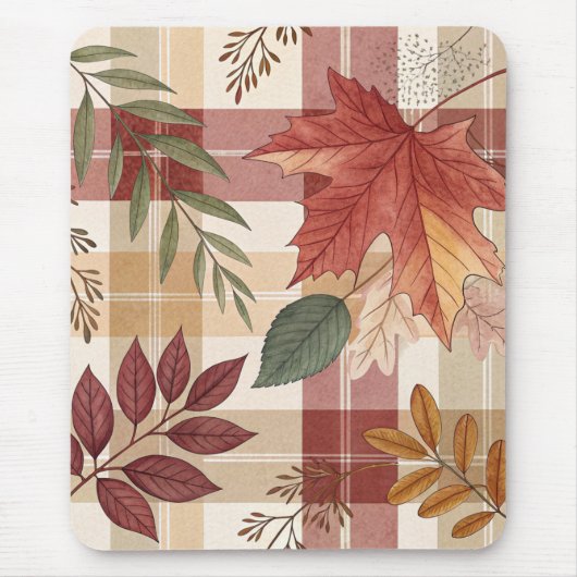 Cozy Autumn Plaid & Leaves | マウスパッド (正面)